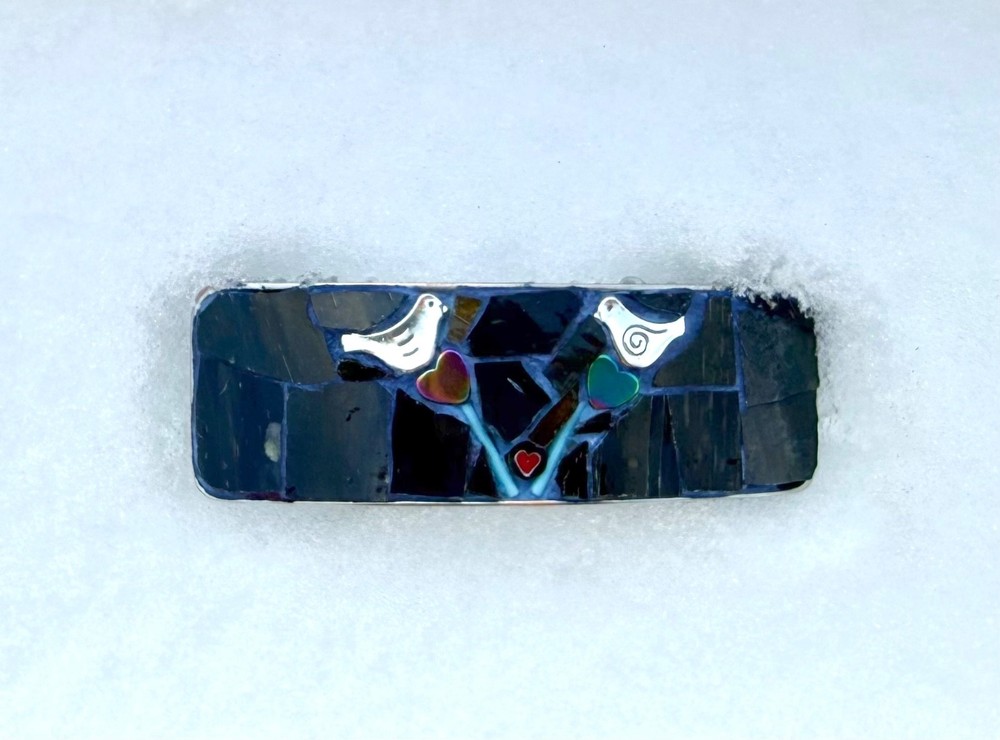 Stained Glass Mosaic Barrette: Branch, Hearts and Birds- Handmade
