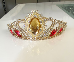 Gold Tone Rhinestone Crown Tiara Headband Red & Clear Stones Princess Formal