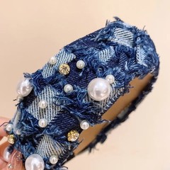 Denim Pearl Headband Women Girls Kids Knotted Headband Sparkle Rhinestone