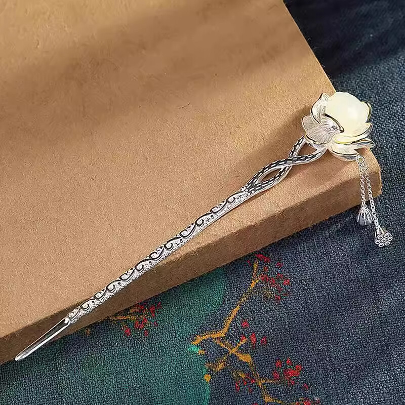 S925 Silver Chinese Lotus Women Hair Accessories Hairpin Retro Hanfu Hair Stick
