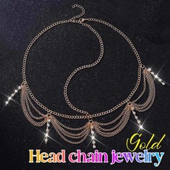Boho Head Chain Gold Rhinestone Headpiece Forehead Layered Headbands for (Gol…