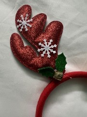 Christmas Reindeer Antlers Headband Red Glitter Gold Bow Snowflake Accents