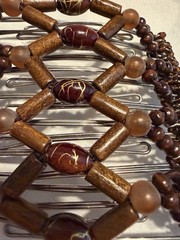 Beaded Brown Wood and Metal Rectangular Hair Comb for Women Geometric Pattern