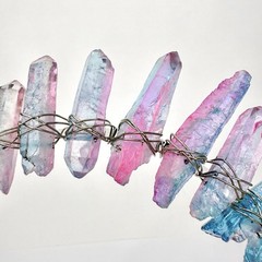 Pink Blue Ombre Aura Clear Quartz Crown Headband Iridescent Raw Stone Points