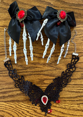 YTAONS Halloween Skeleton Hand Hair Clip Set w/ Bow & Red Gem Accents