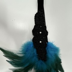 Black Beaded Feather Hair Clip Blue Green Solid Pattern Fabric Women Unisex