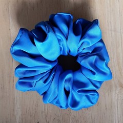 Blue Satin XL Scrunchie Handmade with Wide Elastic & Hidden Seams