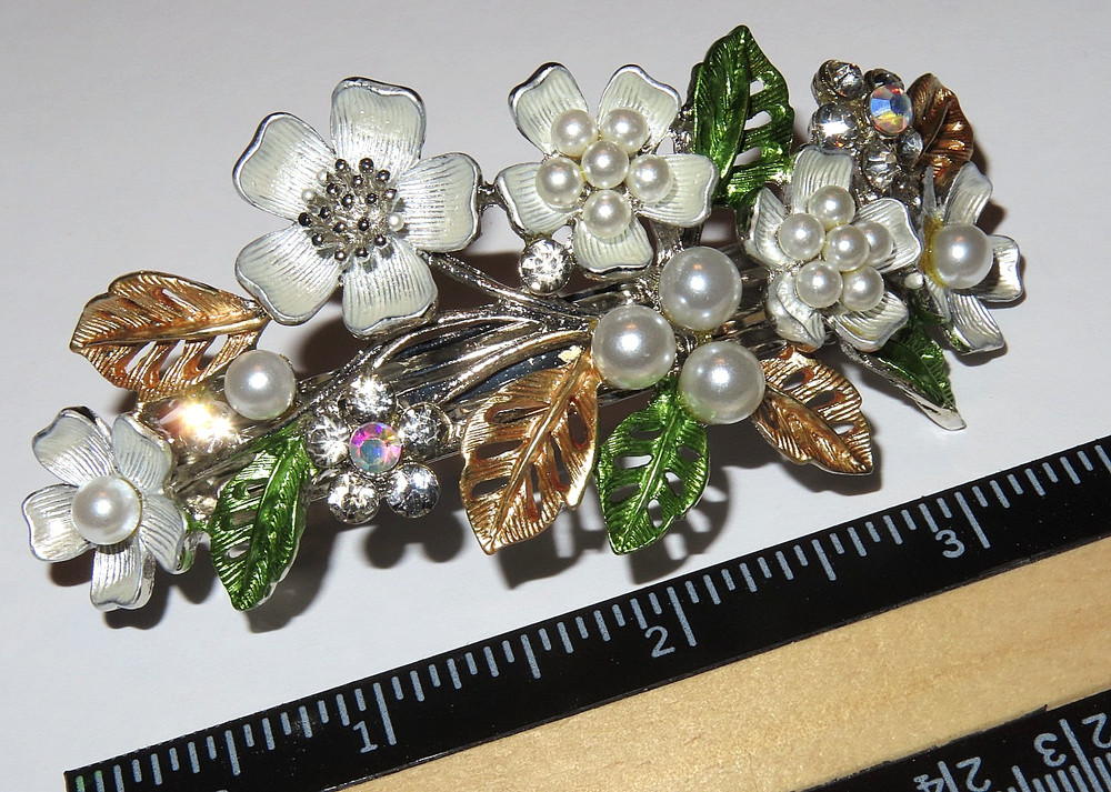 Colorful Flower Bunch Hair Clip Barrette w/Rhinestones Faux Pearls 3.75 inch