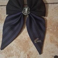 Nevermore Academy Logo Striped Black/Blue Fabric Bow Hair Clip Barrette