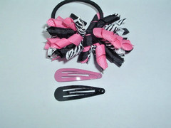PINK BLACK & WHITE CURLY RIBBON PONYTAIL HOLDER & PINK BLACK SNAP BARRETTES