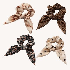 4 PCS Brown Leopard Hair Scarf Scrunchies Ribbon Bow Long Elastic Chiffon