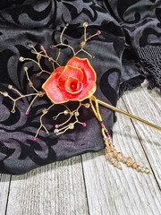Unique Handcrafted Elegant Gemstone Asian Inspired Pink and Gold Rose Hair Stick