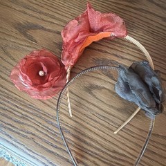 Women’s Floral Fabric & Metal Headbands Red Gray with Flower & Beaded Accents