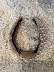 Lele Sadoughi Velvet Faux Pearl Knotted Headband Set Black & Tan