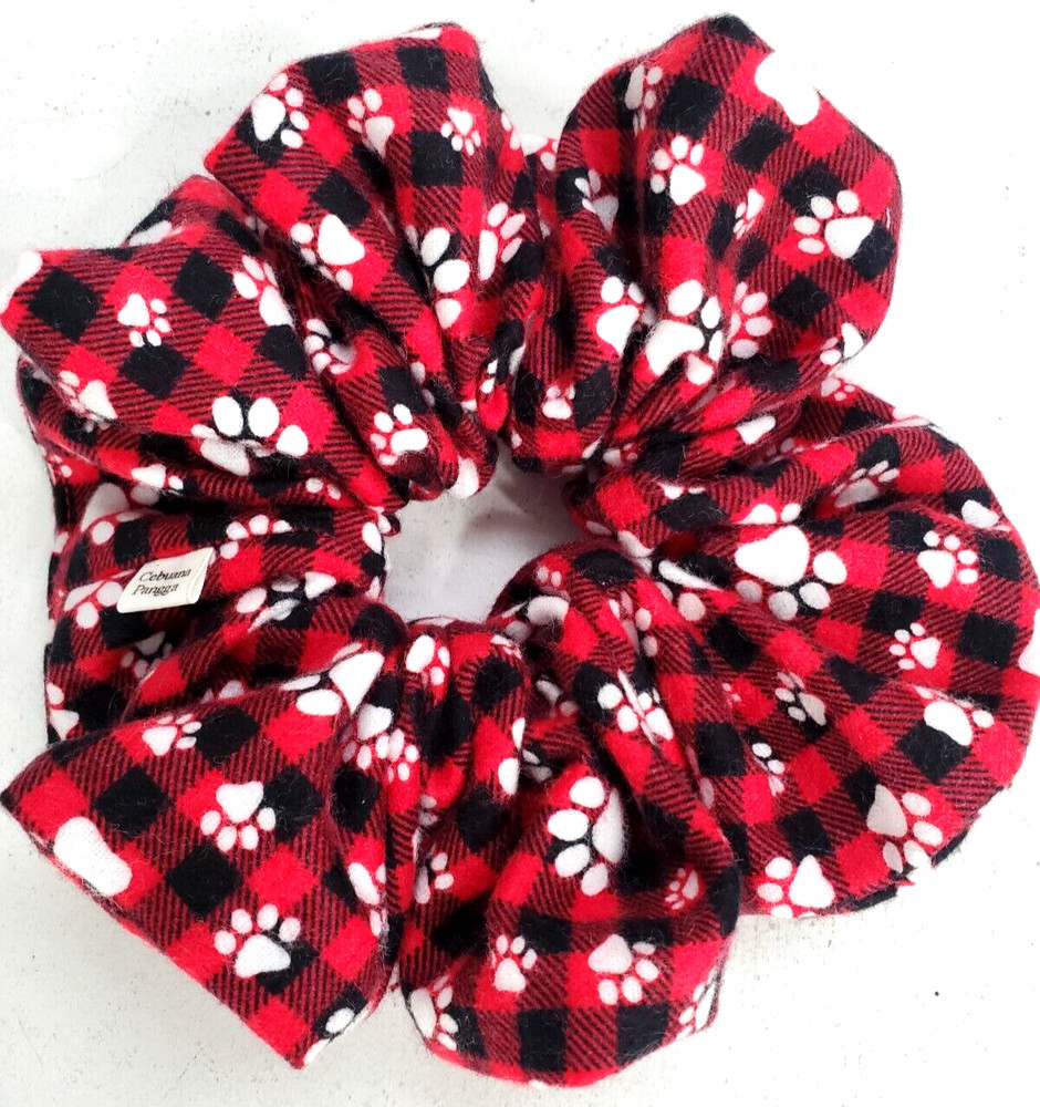 Handmade Women’s Scrunchies size XL Red Buffalo Plaid Paw Print Snuggle Flannel