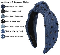 Blue Knotted Denim Headband Black Pearl Dark Blue Jean Top Knot Hair Band