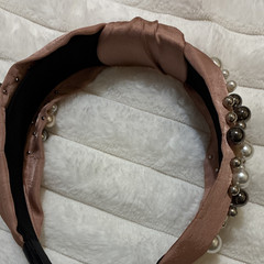 Brown Knotted Headband Faux Pearl Beaded Fabric Classic Hair Accessory