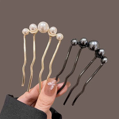 2pcs U Shaped Pearl Hair Pins Elegant Metal Fork Hair Clips for Women