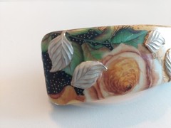 Handmade Artisan Barrette Decoupage with Silver and White Leaves, Yellow, Green