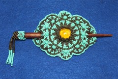 Fancy Beaded Barrette w/ Gemstone Center & Beaded stick closure 4×3.75″ #06