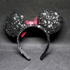 Minnie Mouse Black Sequin Mouse Ears Headband w/ Pink Bow, Glitter Solid