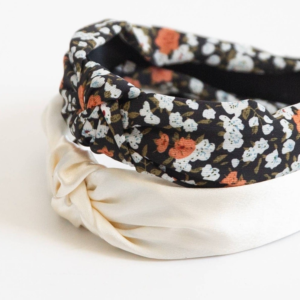Isla Black Floral and White Satin Headbands Set
