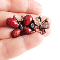 Butterfly Sequined Hair Clips Barrettes Lot of 3, Metal Jeweled Red Silver-Tone