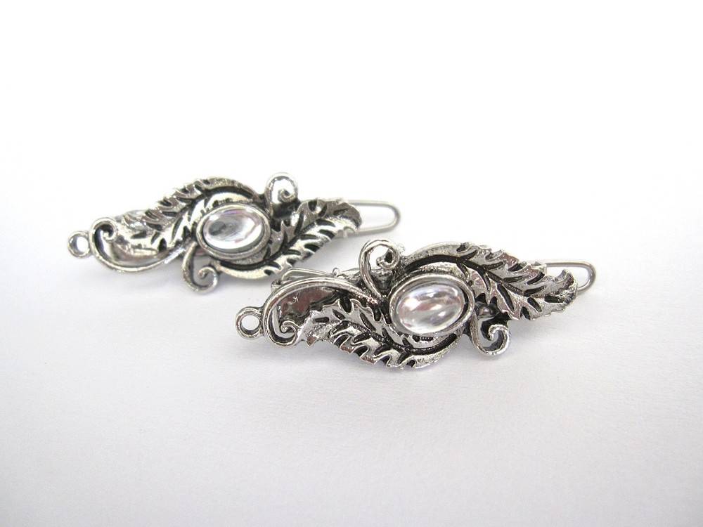 2 extra small silver clear stone leaf shaped hair clip barrette