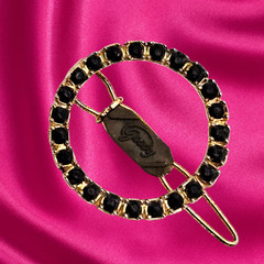 Vintage Goody Black Rhinestone Circle Shank Button or Hair Barrette Gold-Tone
