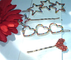 4 COLORFUL RHINESTONE HEARTS AND STARS GOLDEN BOBBY PINS NEW WITH TAG