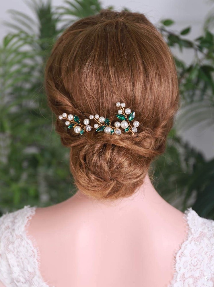 3 PCS Green Crystal Pearl Hair Pins Bridal Wedding Hair Piece Accessories