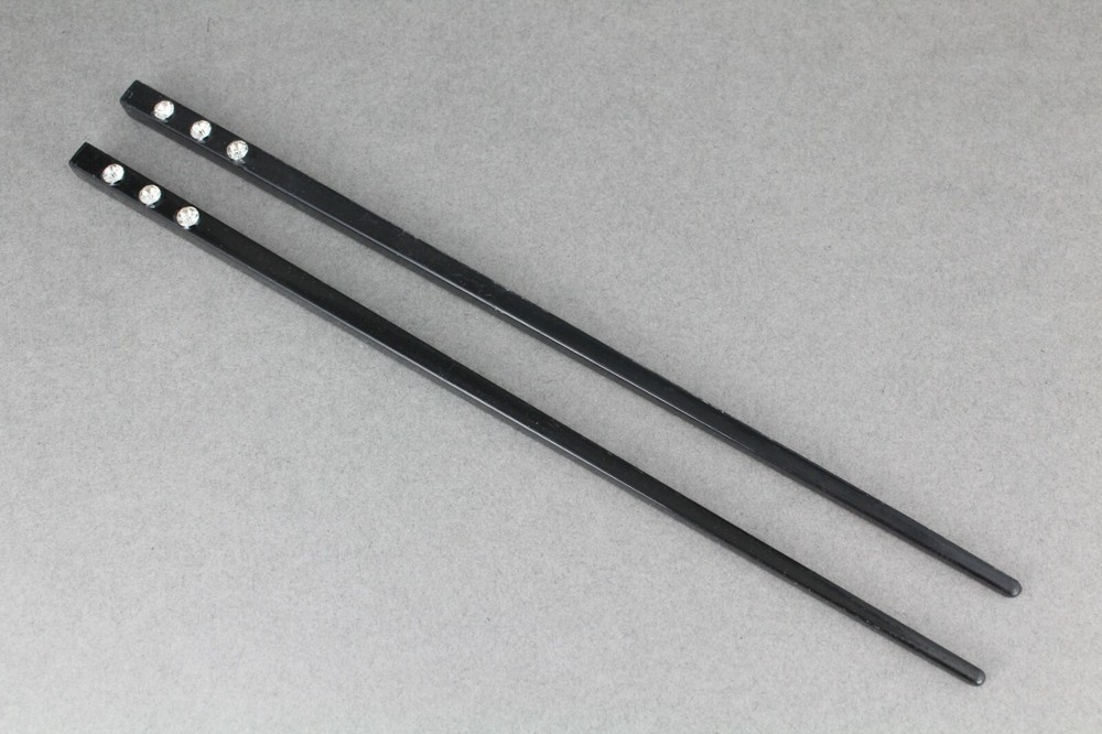 Black plastic hair chop sticks crystals accessory picks pins 7.5″ long set of 2