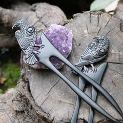 2PK U Shaped Viking Raven Metal Hair Prong Forks French Hair Styling Pins Black