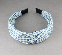 Blue White gingham turban knot twist headband plaid fabric covered ban