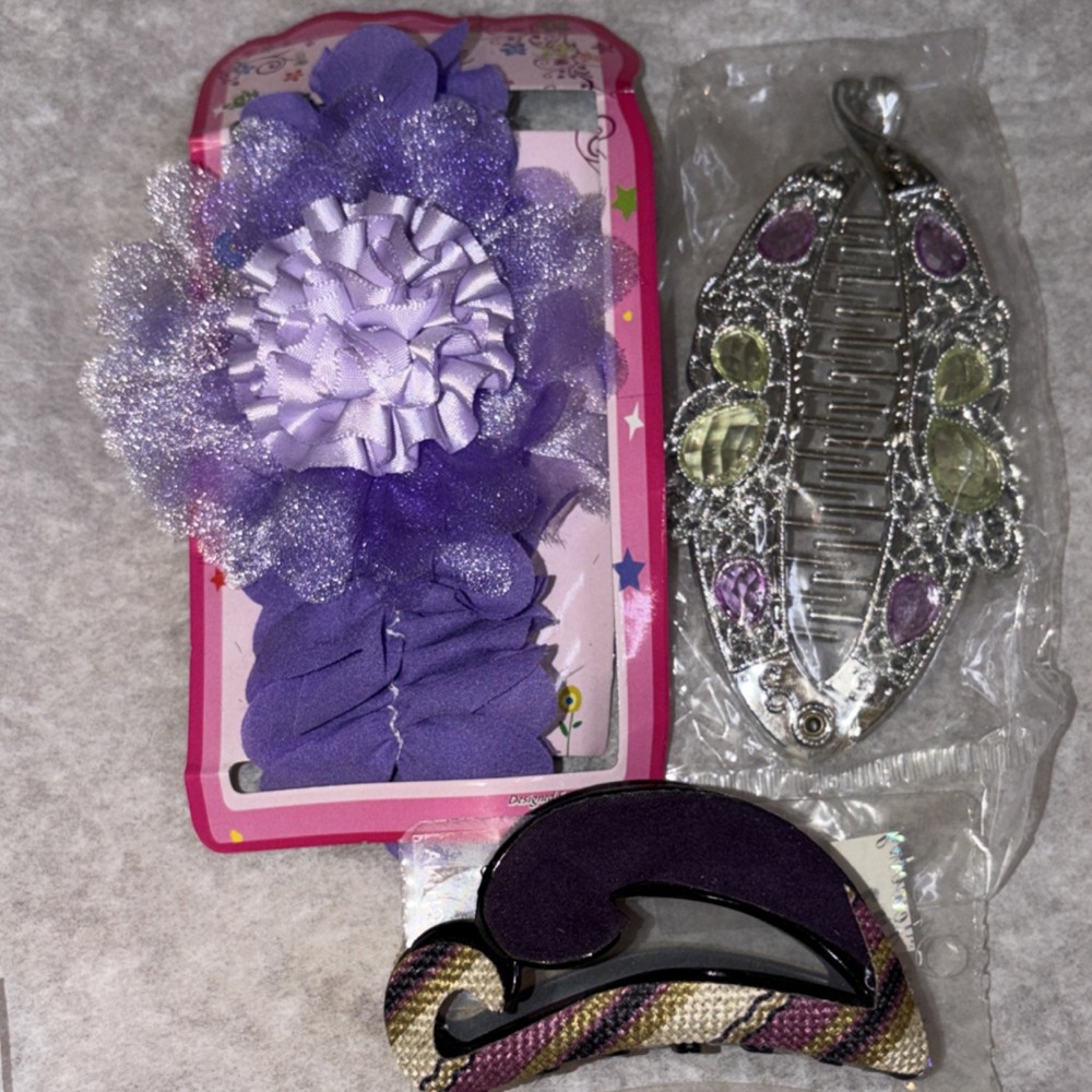 Purple Floral Beaded Headband Hair Clips Claw Fabric Plastic Metal Women Casual