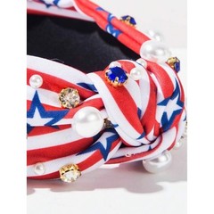 Patriotic Red White Blue Knotted Headband with Pearls & Gems