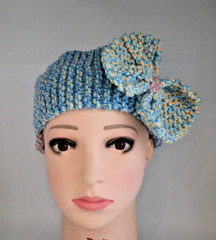 BIG BOW HAND MADE KNITTED HEADBAND EAR WAMER FITS 17″-21″ BLUE & ORANGE