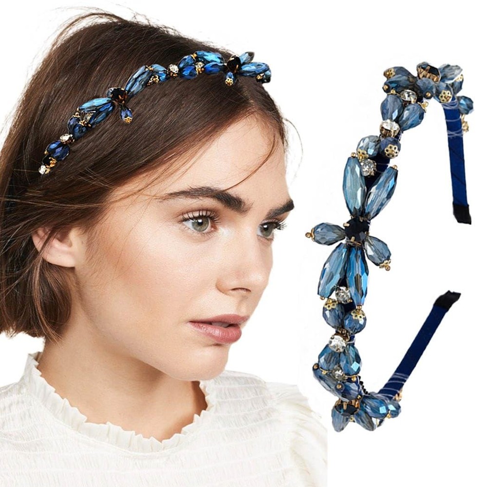 Firuilo Rhinestones Headband Sparkly Crystal Flower 1 Count (Pack of 1), Blue