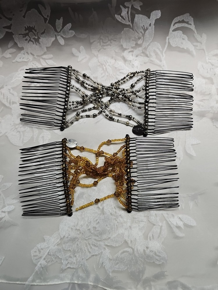 2 Hairzing Double Hair Comb Black Brown Silver Beads Accessory Barrette