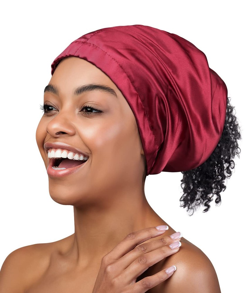 Satin Headband Sleeping Cap for Locs, Braids, Thick Hair, Medium, M-burgundy