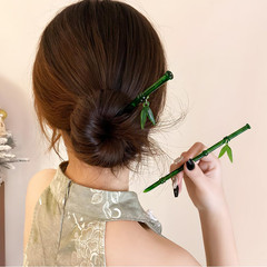 2Pcs Green Bamboo Leaf Hair Stick Pin Resin Chinese Hair Sticks for Buns