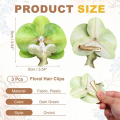 Orchid Flower Hair Clips (3.5 Inch) 3Pcs, Hair Flowers for Women, Dark Green