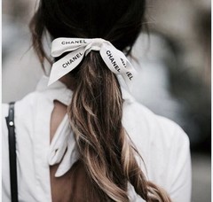 CHANEL Logo Bow Hair Tie Fabric Stretch Ponytail Holder Beige Black