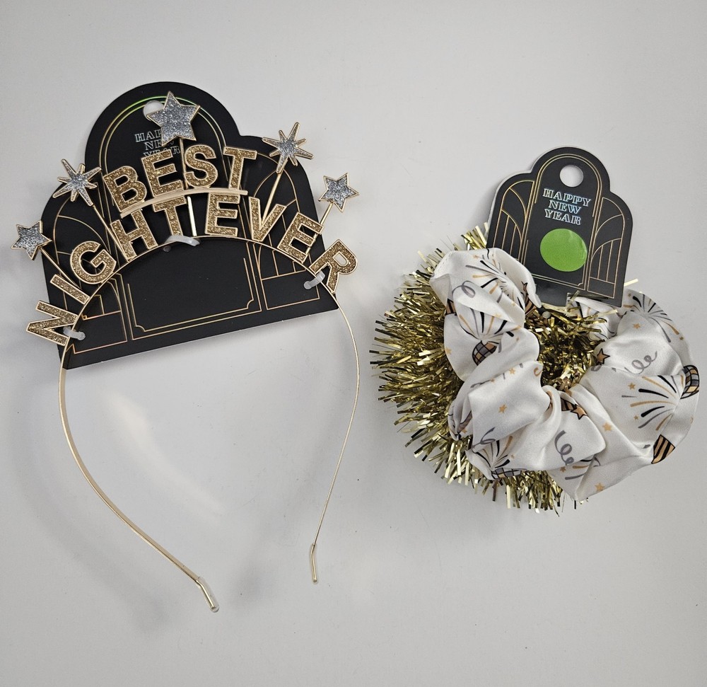 New Year “Best Night Ever” Gold Metal Headband & 2 Pack Hair Scrunchies