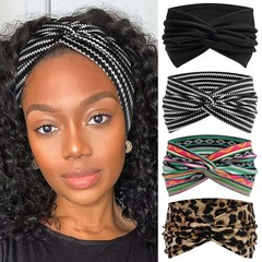 4 Pack Wide Headbands for Women Cute Boho Headband Stripe Knotted Turban Head Ba