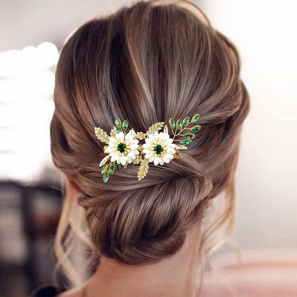 Bridal Hair Clip White Enamel Flower Gold Leaf Crystal Wedding Vine Green