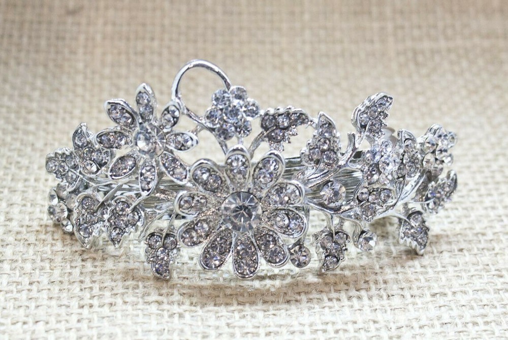Silver tone with clear rhinestone crystal hair barrettes metal hair clip 4443
