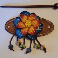 Leather Barrette Hair Clip & Wood Stick Ponytail Holder Flower Woodstick Pony