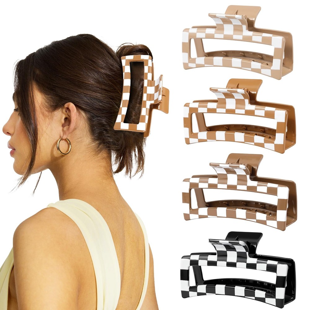4 PCS 5 Inch Checkered Hair Claw 1 Count (Pack of 4), Checkerboard-Brown