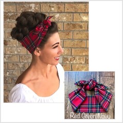 Handmade Red Plaid Flannel Retro Headband Hair Wrap Scarf 1940s 1950s Style